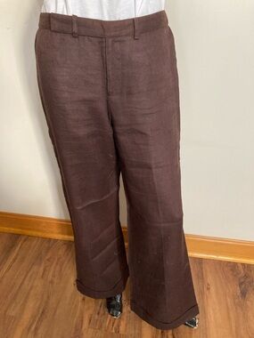 Brown, 100% Linen, Wide-Leg Cuffed Pants. Item# SSp1